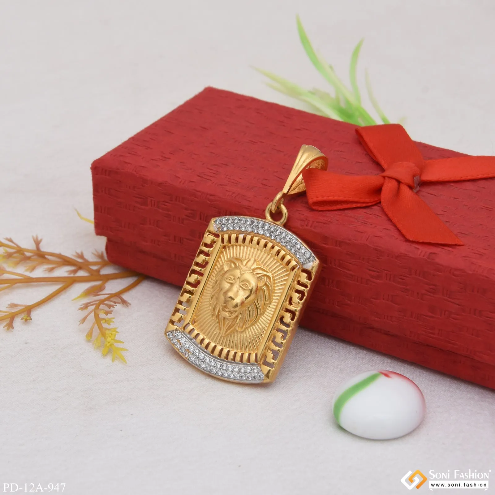1 Gram Gold Forming Lion with Diamond Gold Plated Pendant for Men - Style A947
