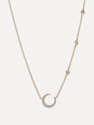 14K Diamond Crescent with 3 Round Stars Necklace