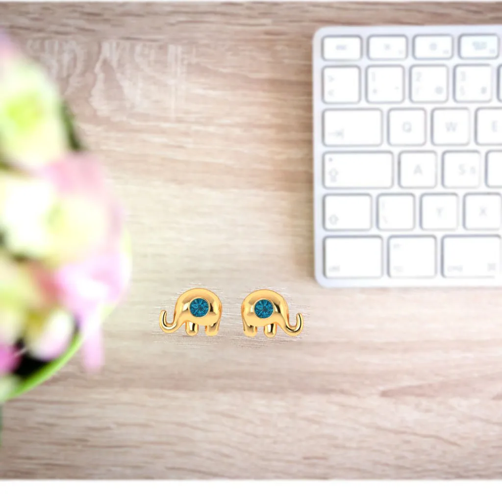 14k Elephant Shaped Gold Earrings With Blue Stone