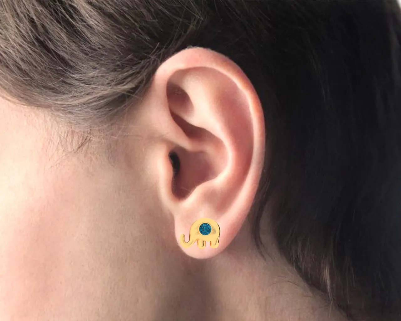 14k Elephant Shaped Gold Earrings With Blue Stone