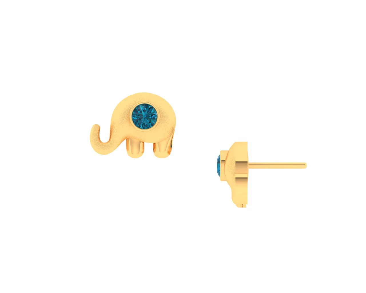 14k Elephant Shaped Gold Earrings With Blue Stone