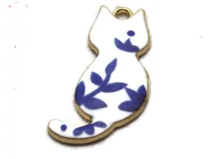 30mm White Cat with Blue Enamel and Gold Metal Pendant