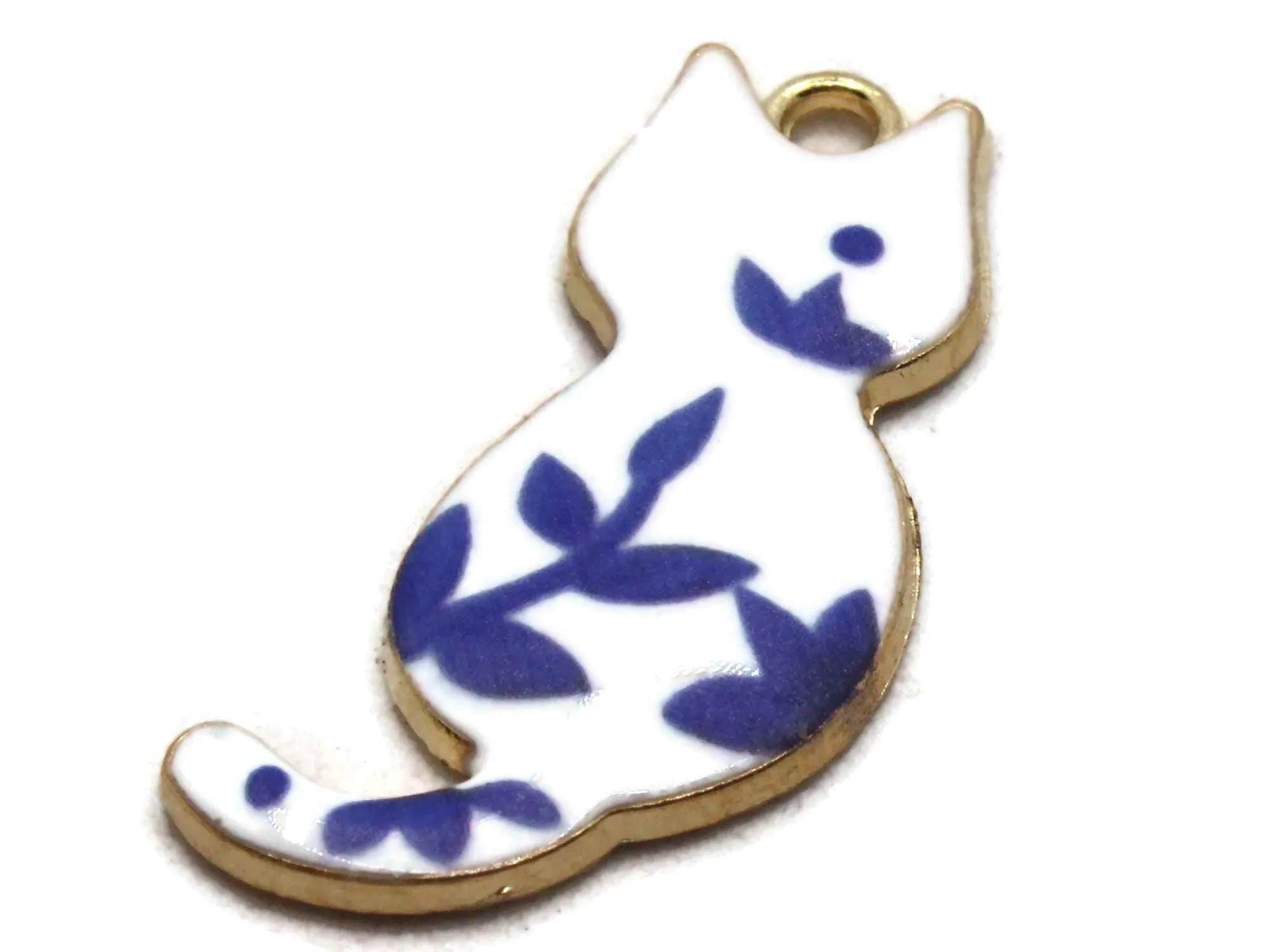 30mm White Cat with Blue Enamel and Gold Metal Pendant