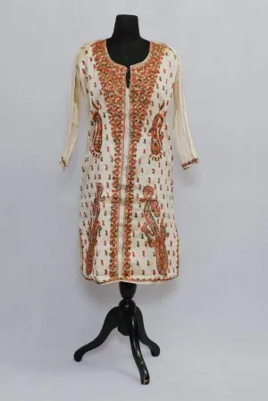 Beige Colour Aari Work Kurti With Multi Colour Aari Work Neckline