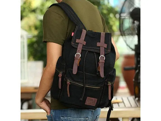 Black Canvas Backpack with Side Pockets