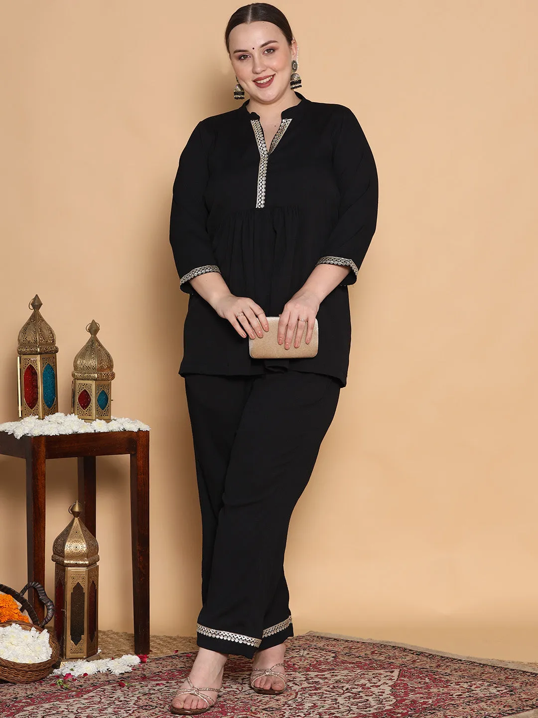 Black Textured Embellished Top - Gathers