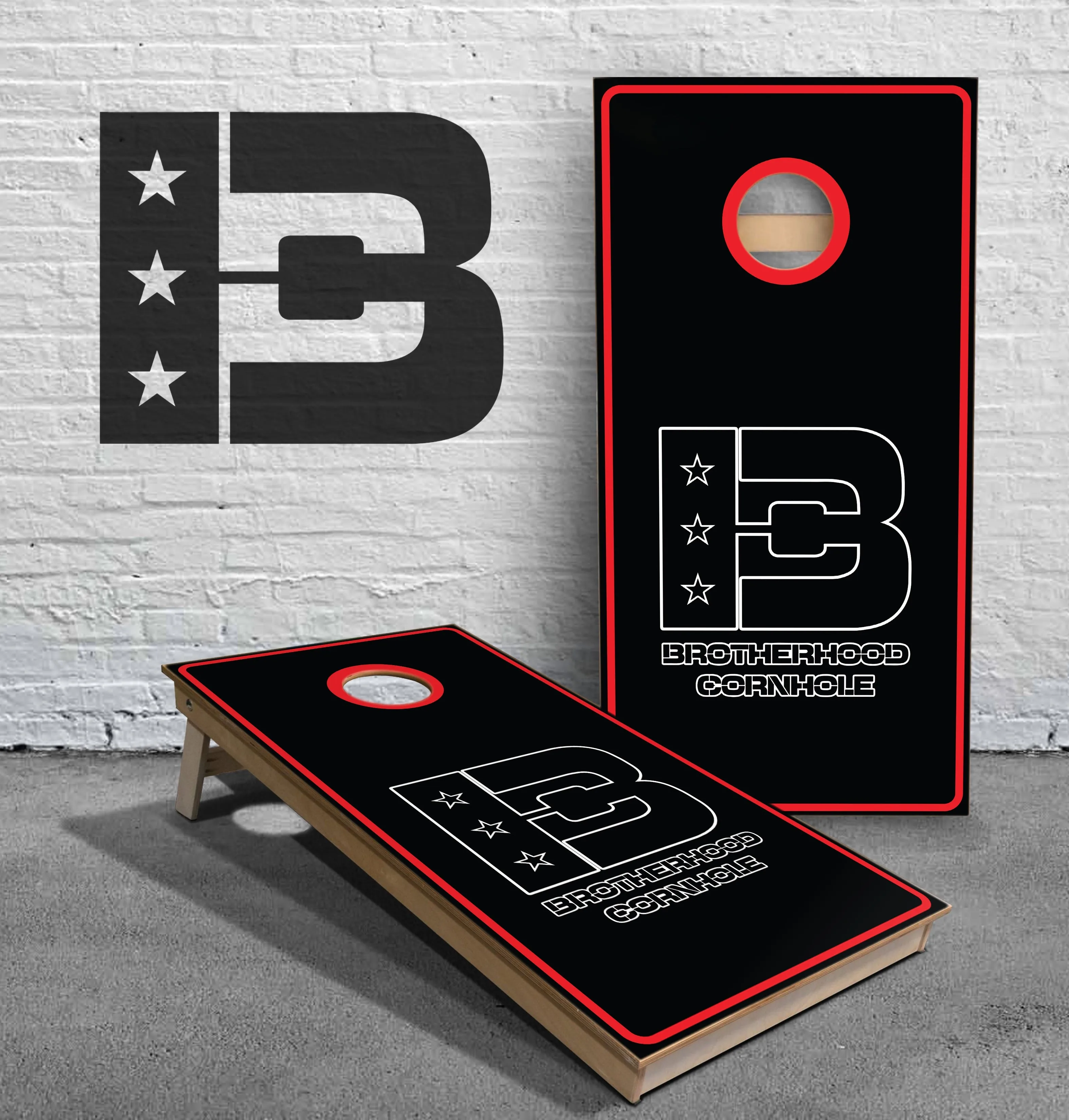 Black with Red Edge Logo Brotherhood Cornhole Logo ACL Approved Cornhole Boards