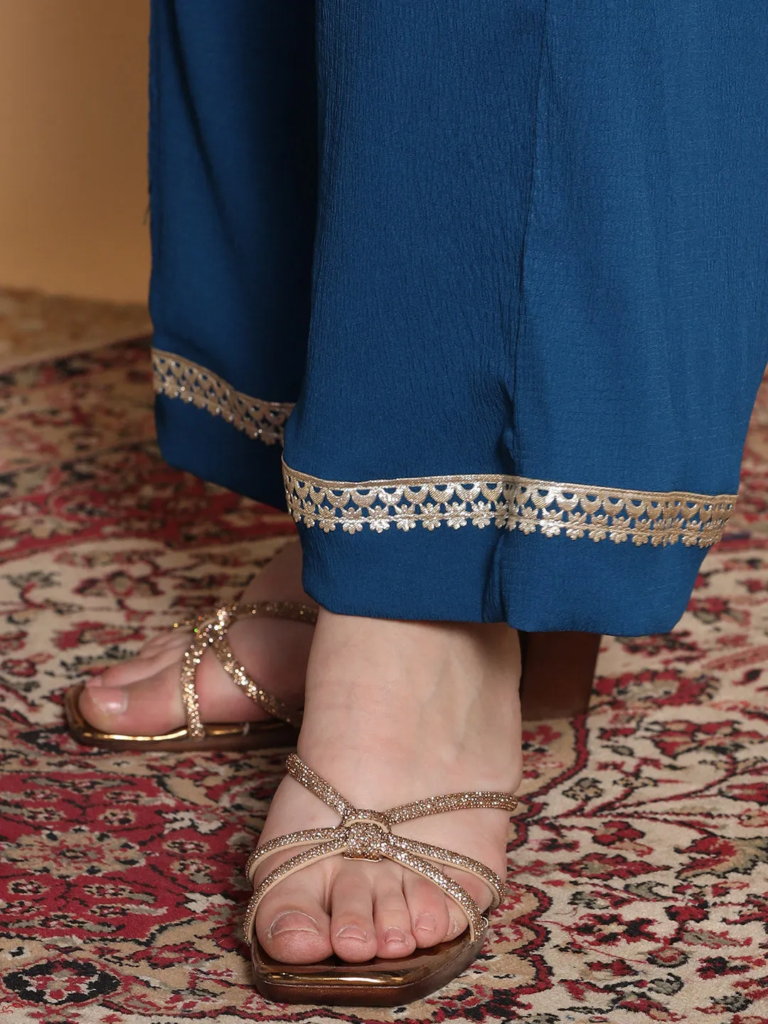 Blue Textured Palazzo - Embellished
