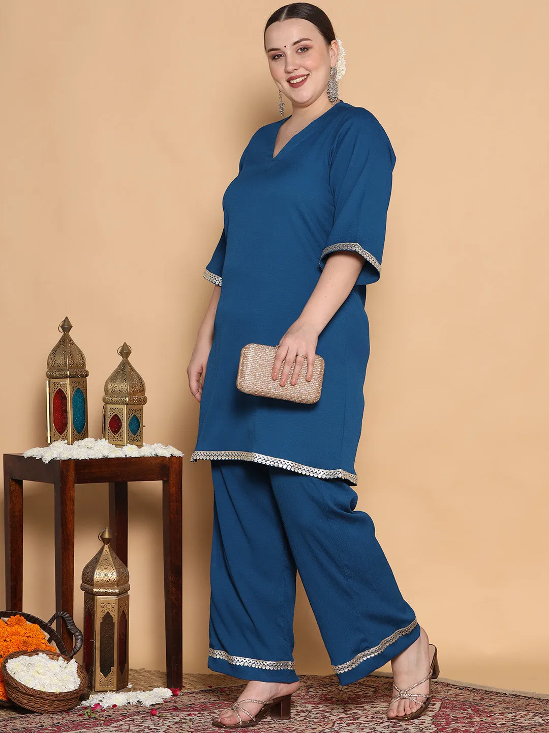 Blue Textured Palazzo - Embellished