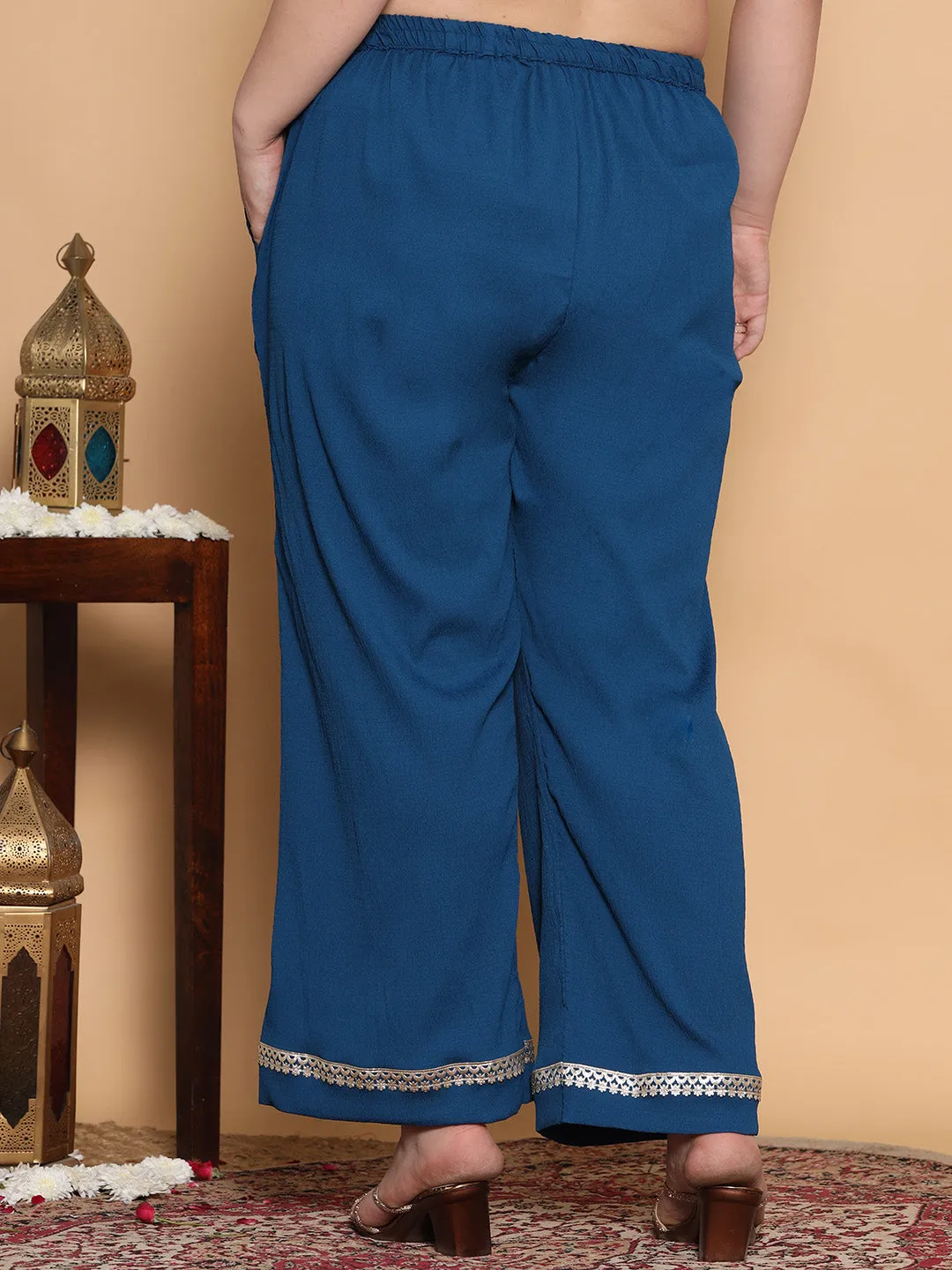 Blue Textured Palazzo - Embellished