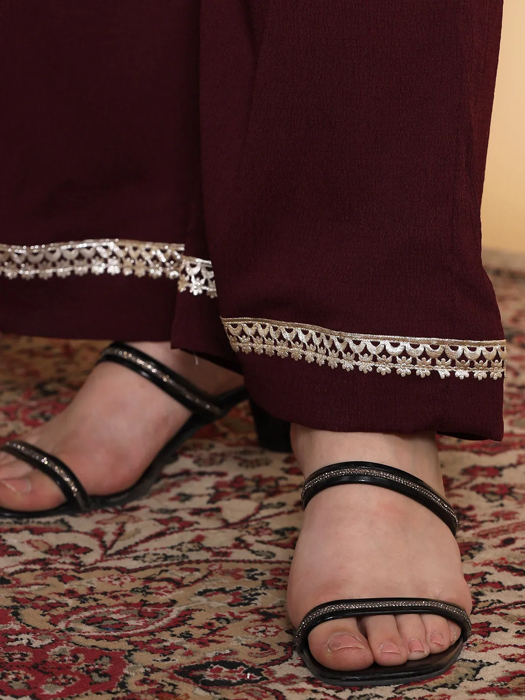 Burgundy Textured Palazzo - Embellished