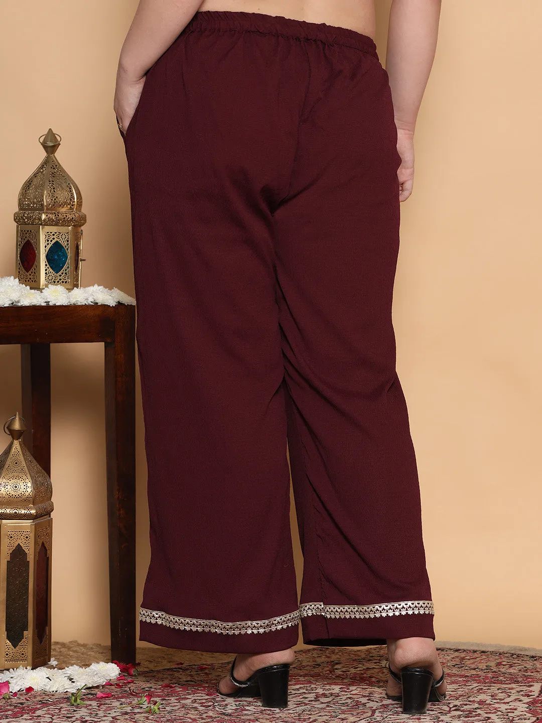 Burgundy Textured Palazzo - Embellished