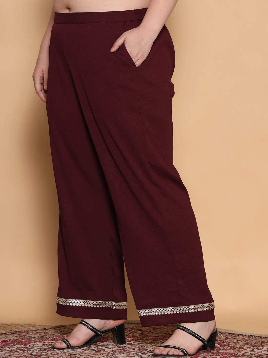 Burgundy Textured Palazzo - Embellished