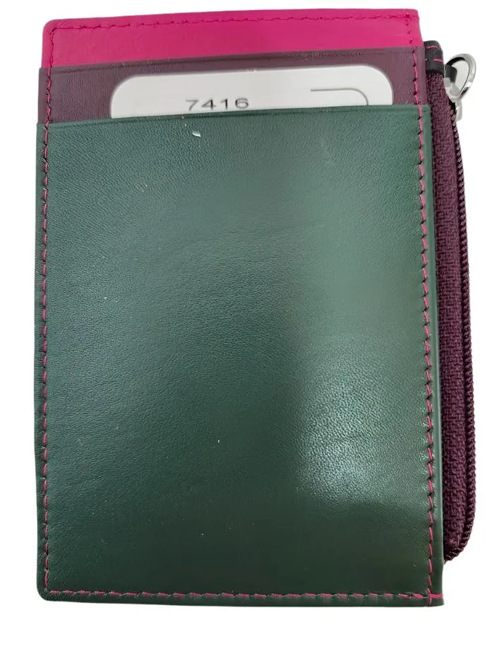 Card Holder Zip I.D. Card Case Forest Multi Leather RFID Blocking 7416