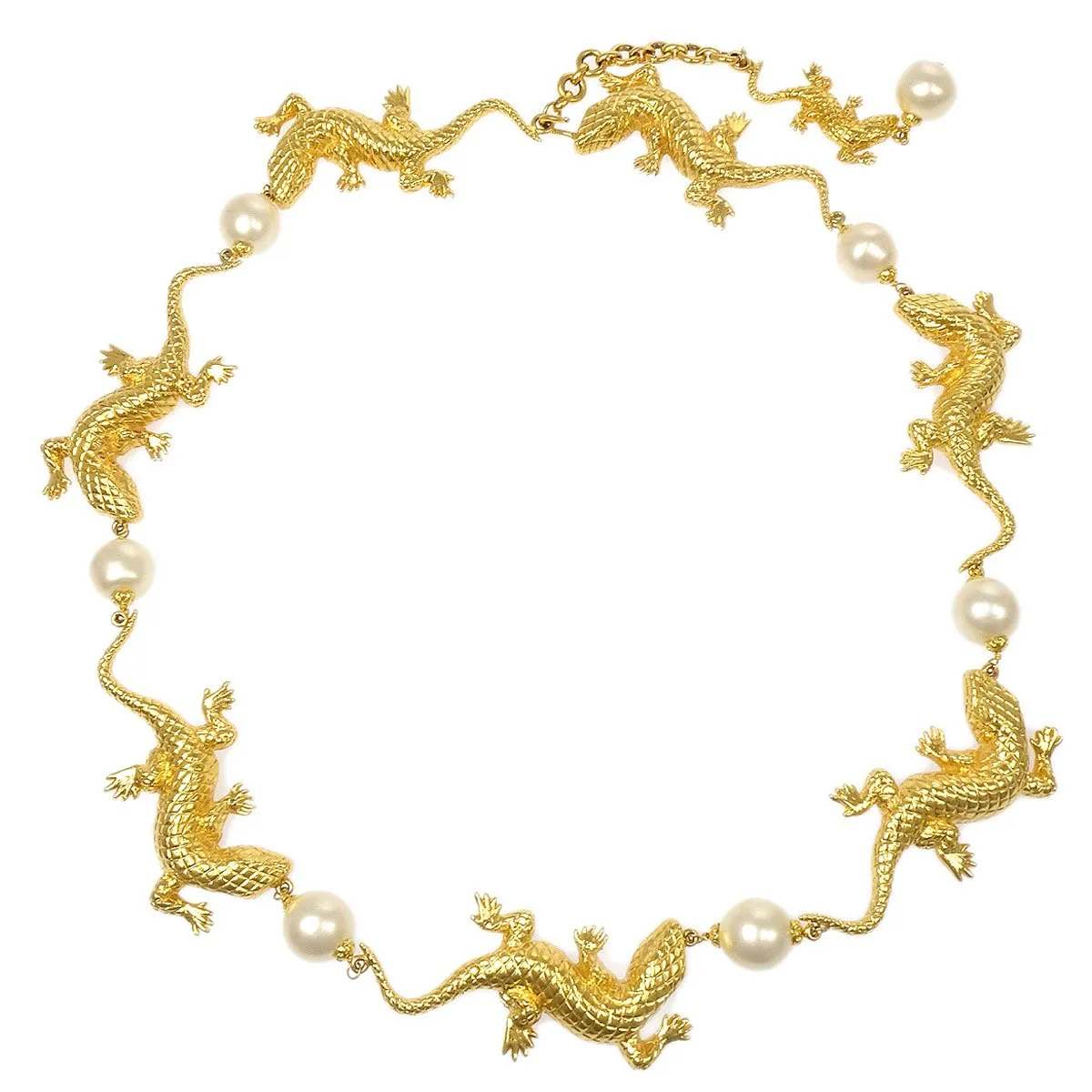 CHANEL 1991 Chain Belt Lizard Charm Faux Pearl Gold 40399