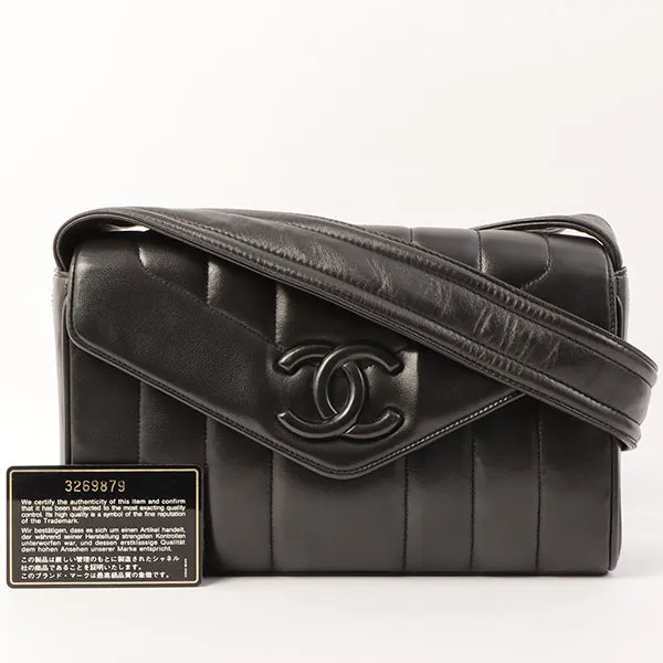 Chanel Around 1995 Made V Flap Mademoiselle Stitch Cc Mark Shoulder Bag Black