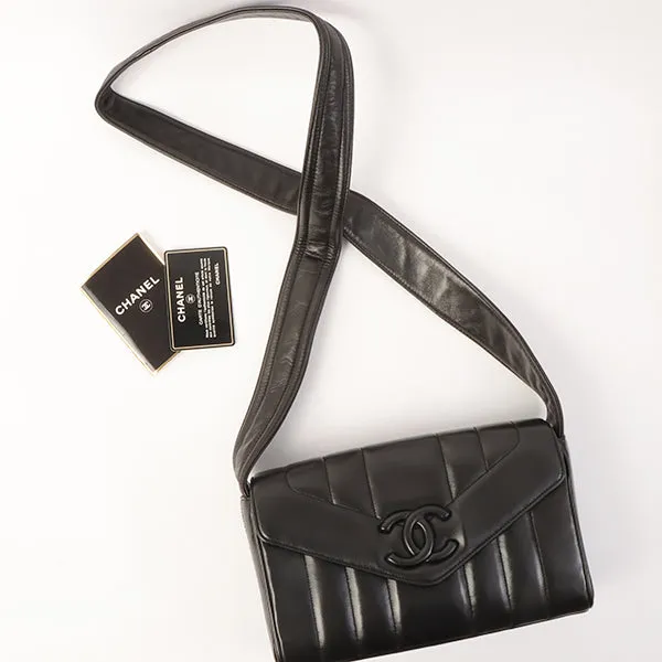 Chanel Around 1995 Made V Flap Mademoiselle Stitch Cc Mark Shoulder Bag Black