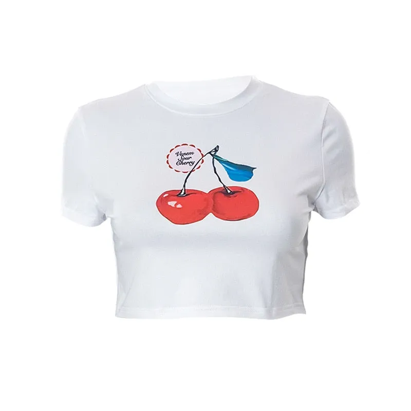Cherry Print Stylish White Crop Top
