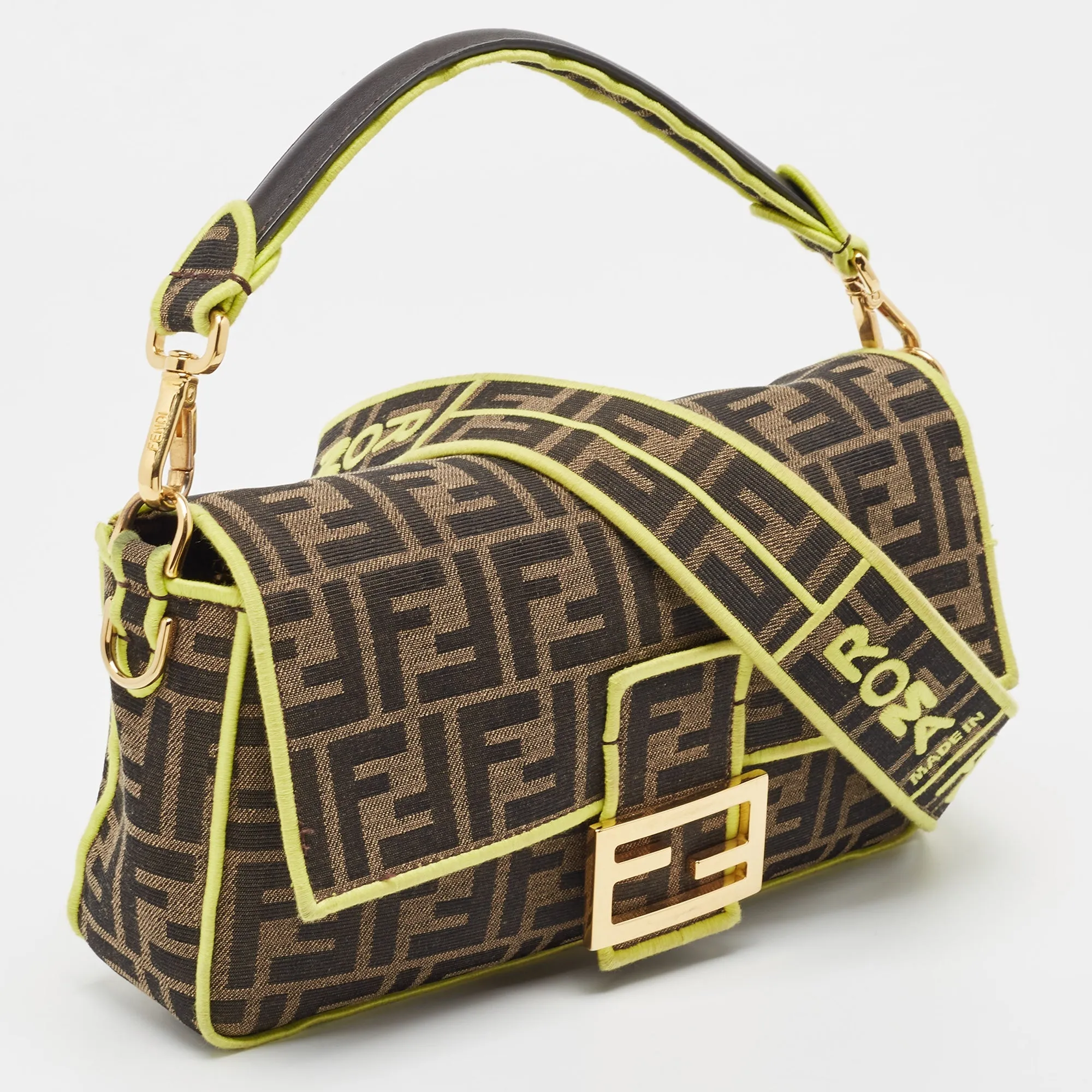 Fendi Neon Green Zucca Canvas 1974 Roma Amor Baguette Bag