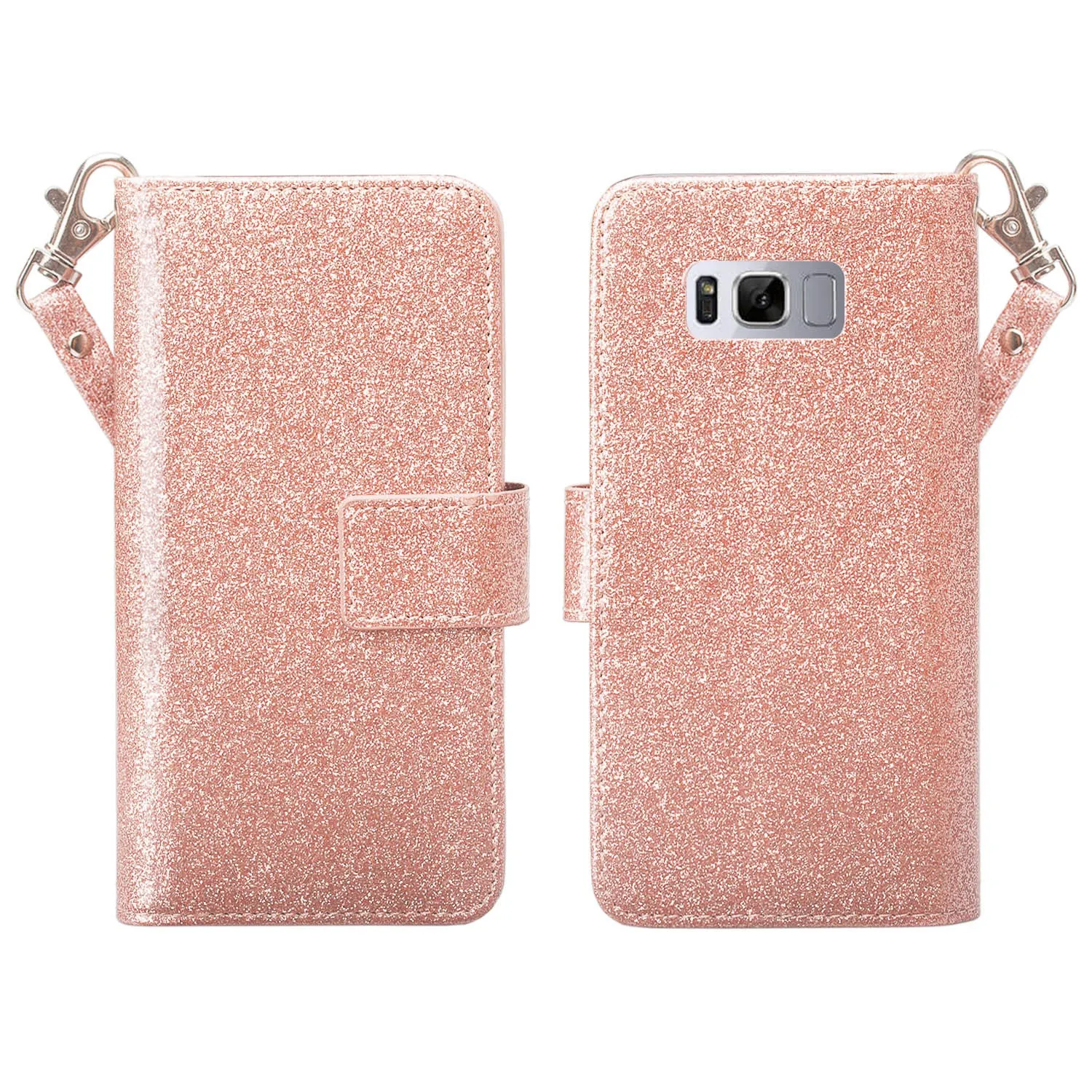 Galaxy S8 Case, Samsung Galaxy S8 Case, Glitter Faux Leather Flip Credit Card Holder Wrist Strap Shockproof Protective Wallet Case Clutch for Samsung Galaxy S8 - Rose Gold