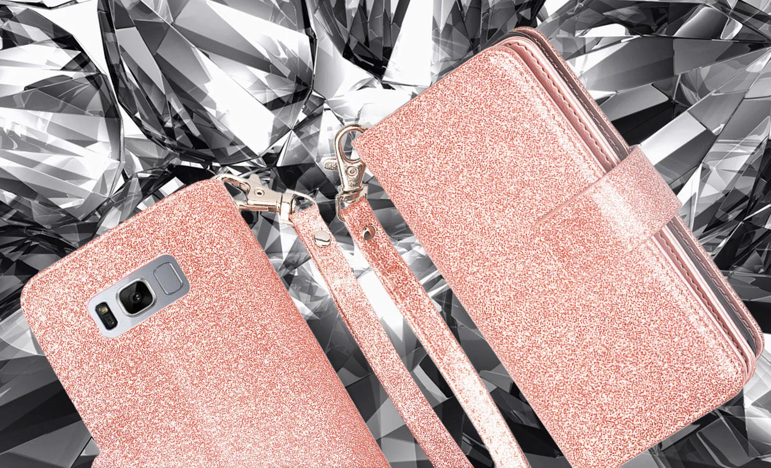Galaxy S8 Case, Samsung Galaxy S8 Case, Glitter Faux Leather Flip Credit Card Holder Wrist Strap Shockproof Protective Wallet Case Clutch for Samsung Galaxy S8 - Rose Gold