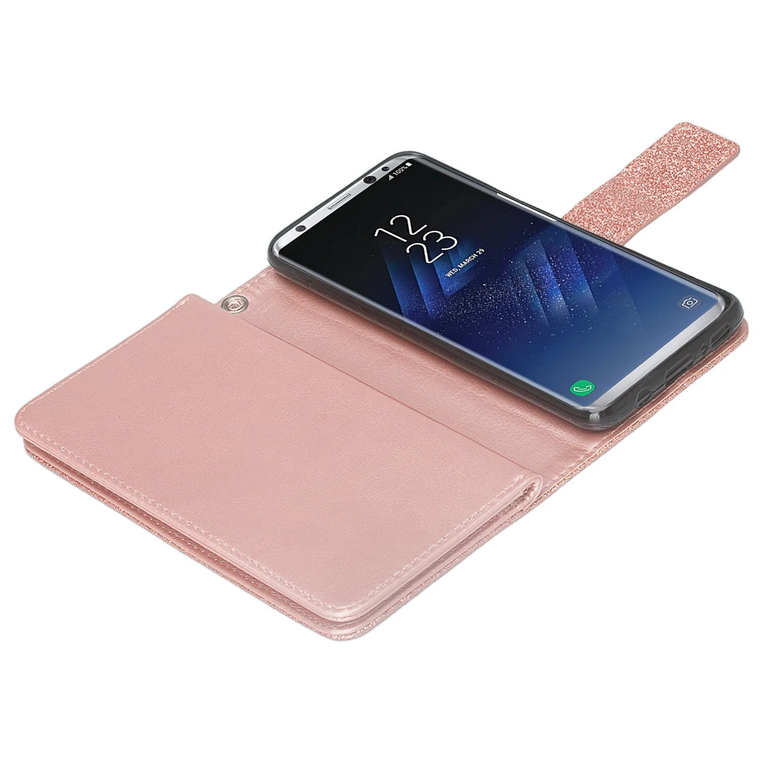 Galaxy S8 Case, Samsung Galaxy S8 Case, Glitter Faux Leather Flip Credit Card Holder Wrist Strap Shockproof Protective Wallet Case Clutch for Samsung Galaxy S8 - Rose Gold