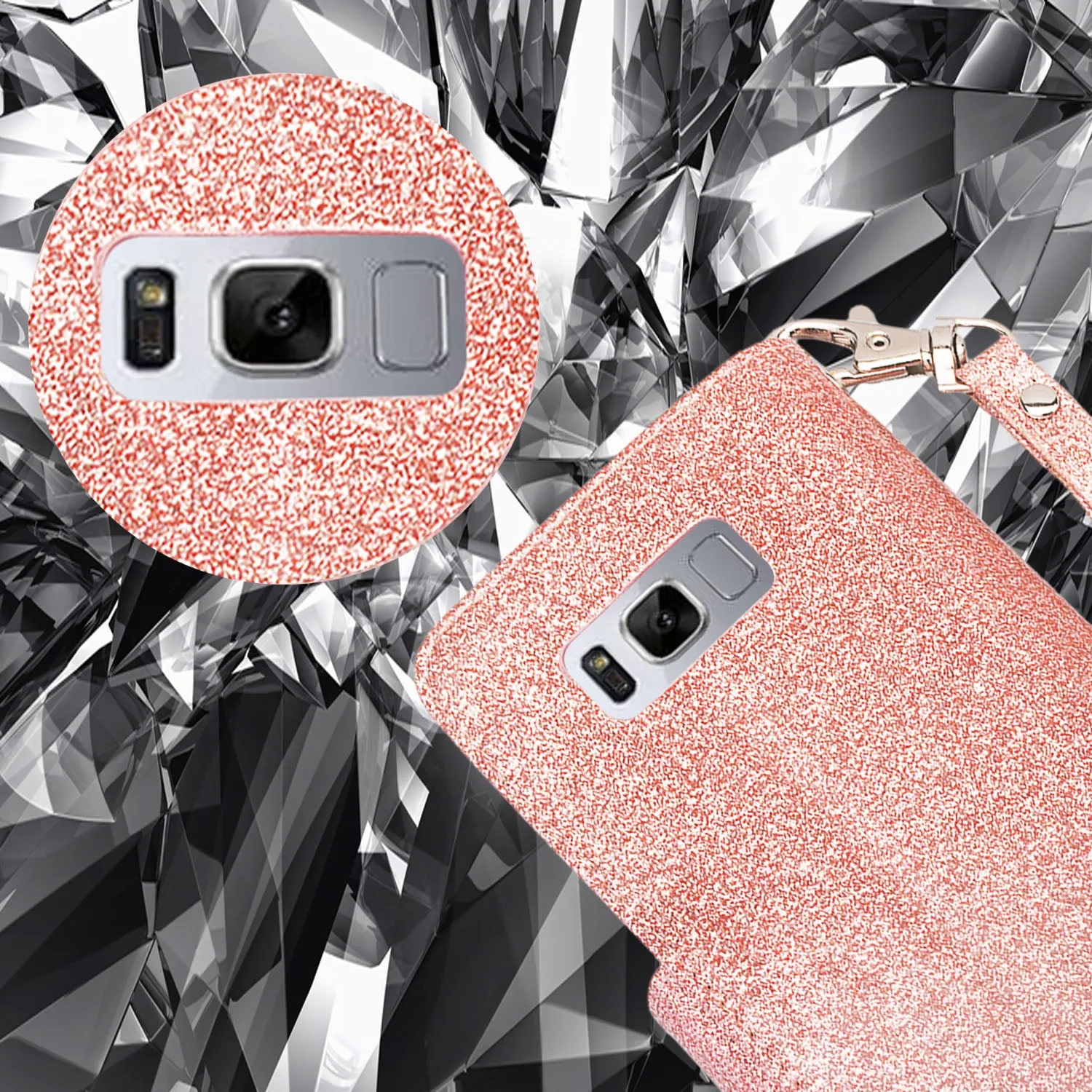 Galaxy S8 Case, Samsung Galaxy S8 Case, Glitter Faux Leather Flip Credit Card Holder Wrist Strap Shockproof Protective Wallet Case Clutch for Samsung Galaxy S8 - Rose Gold