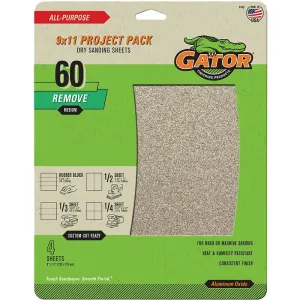 Gator 4440 Sanding Sheet, 11 in L, 9 in W, 60 Grit, Coarse, Aluminum Oxide Abrasive :PK  4: QUANTITY: 1