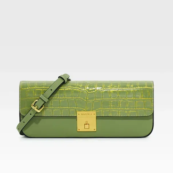 Genuine Leather Shoulder Flap Gold Lock Buckle Clutch Handbag
