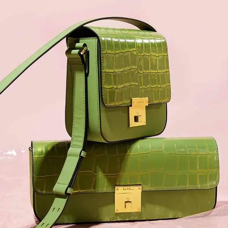 Genuine Leather Shoulder Flap Gold Lock Buckle Clutch Handbag