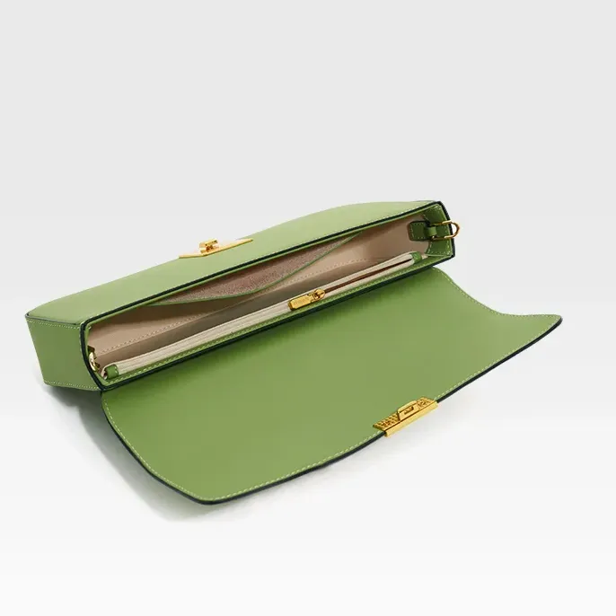 Genuine Leather Shoulder Flap Gold Lock Buckle Clutch Handbag