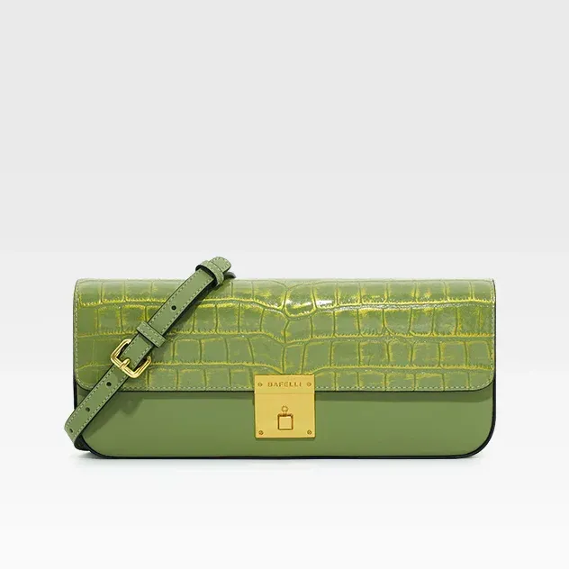Genuine Leather Shoulder Flap Gold Lock Buckle Clutch Handbag