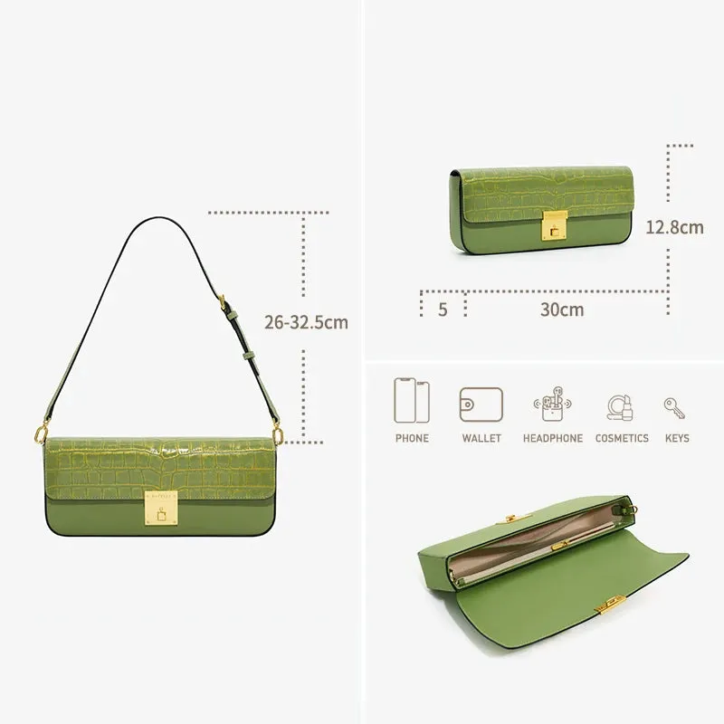 Genuine Leather Shoulder Flap Gold Lock Buckle Clutch Handbag