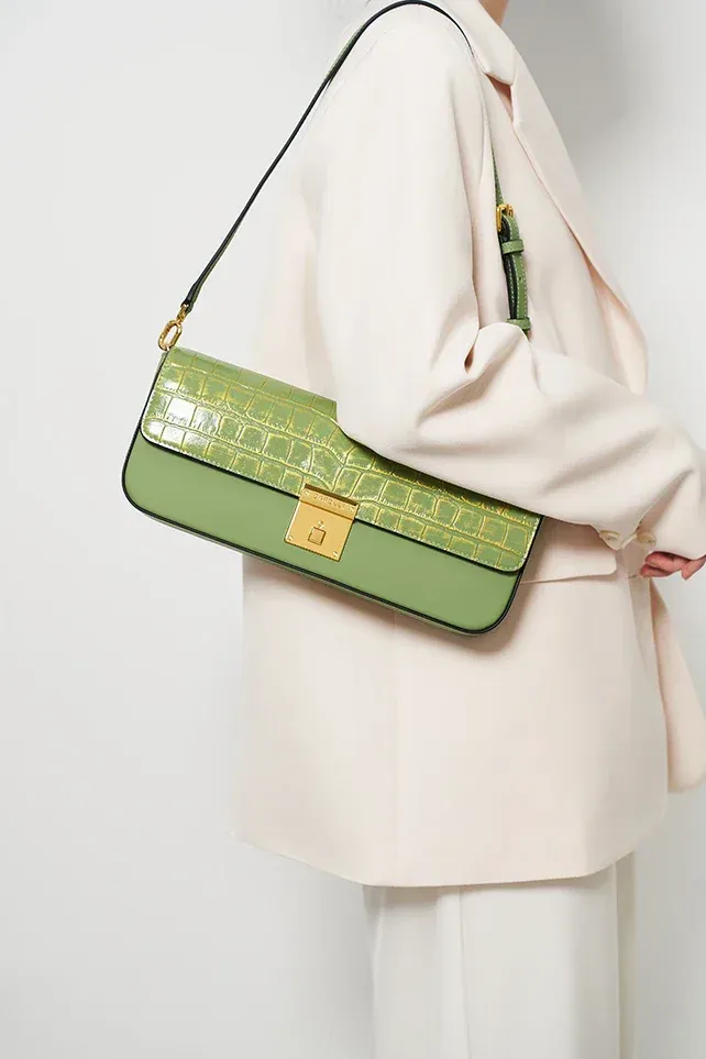 Genuine Leather Shoulder Flap Gold Lock Buckle Clutch Handbag