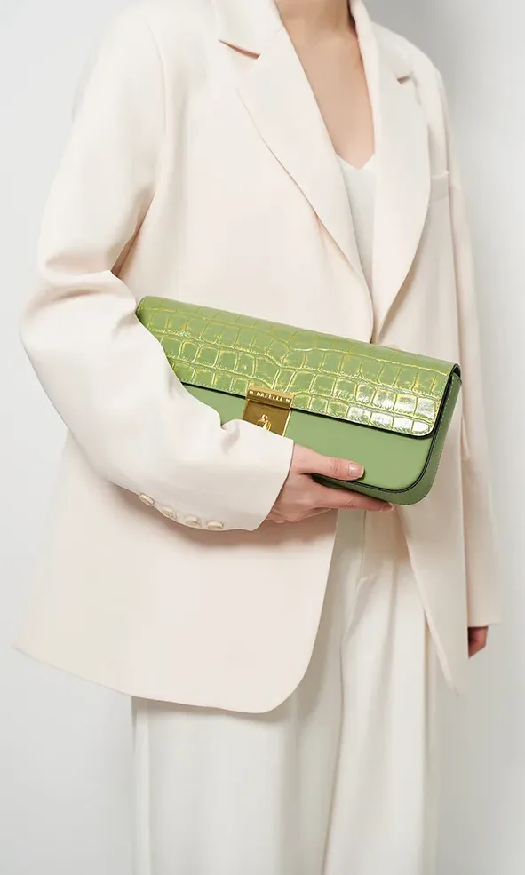 Genuine Leather Shoulder Flap Gold Lock Buckle Clutch Handbag