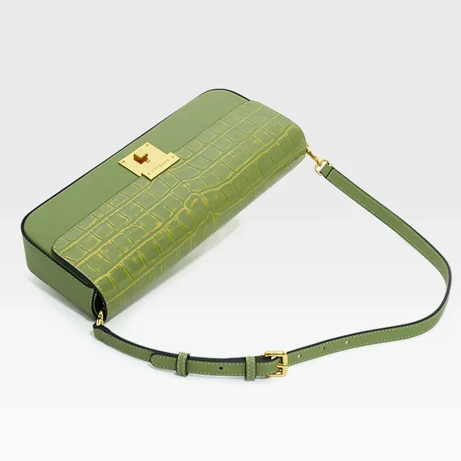Genuine Leather Shoulder Flap Gold Lock Buckle Clutch Handbag