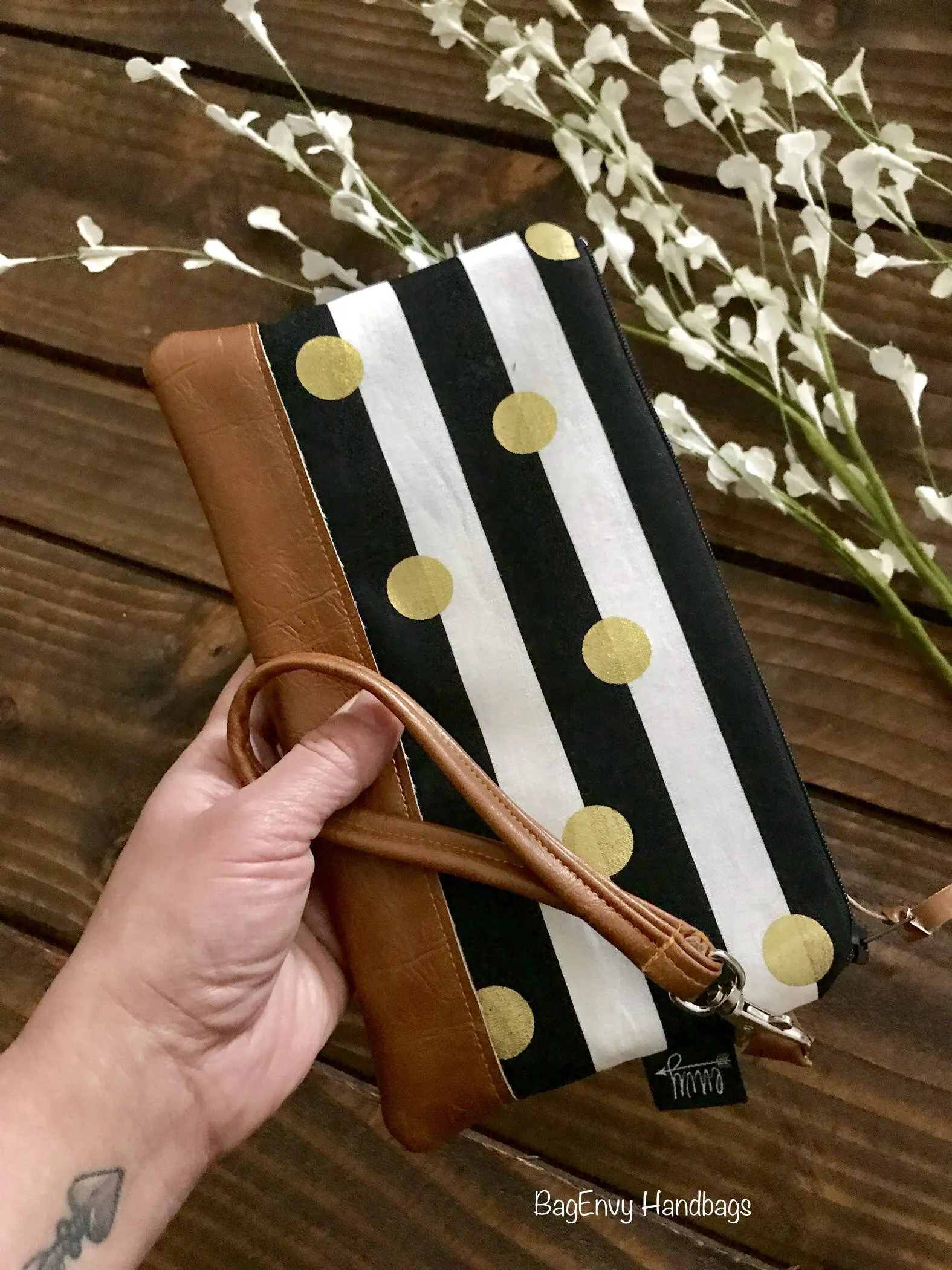 Gold Polka Dotted Stripe with Vegan Leather - Zippered Wristlet Clutch /  Bridesmaid Gift- Accessory Make Up Bag -