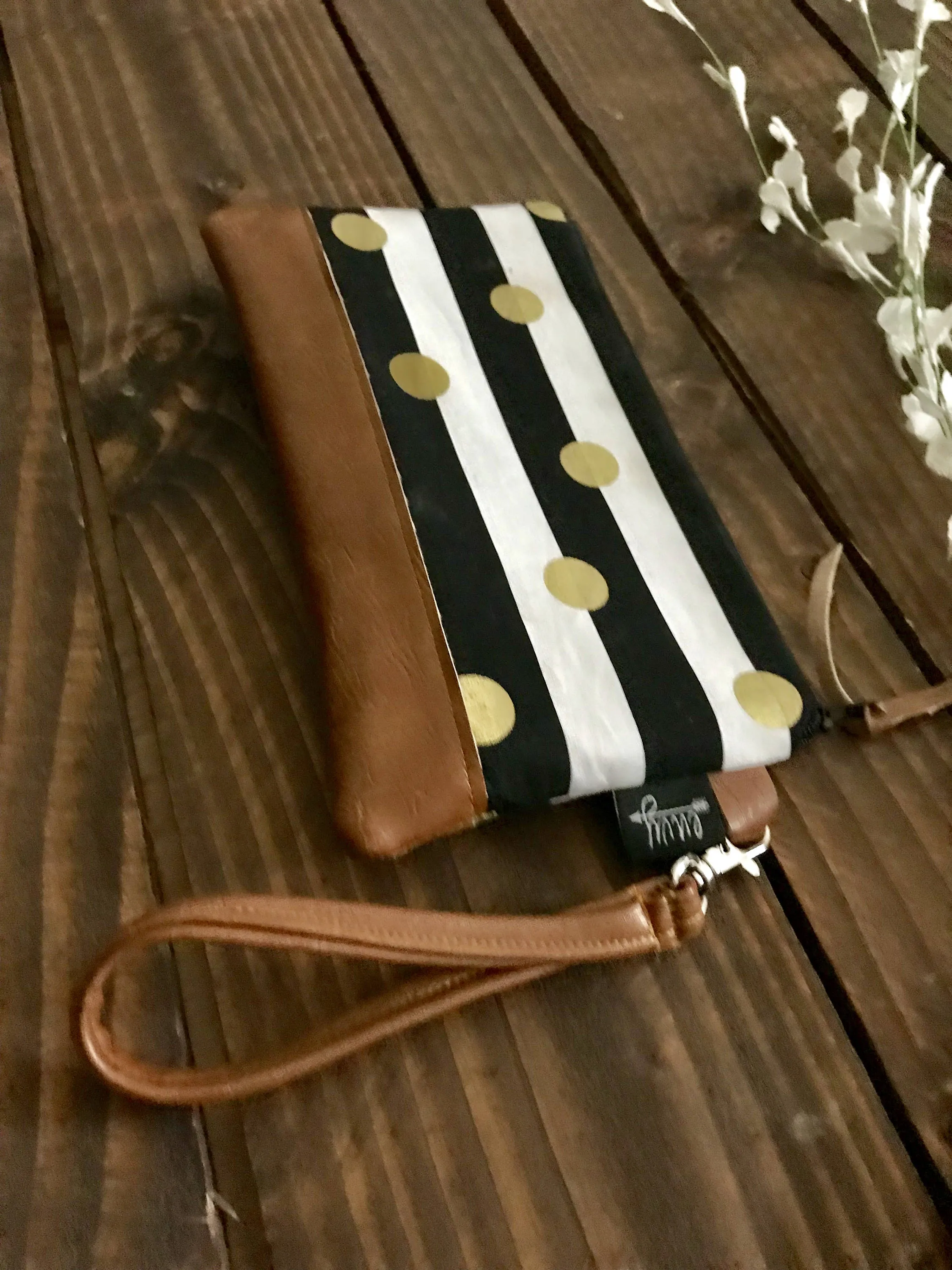 Gold Polka Dotted Stripe with Vegan Leather - Zippered Wristlet Clutch /  Bridesmaid Gift- Accessory Make Up Bag -