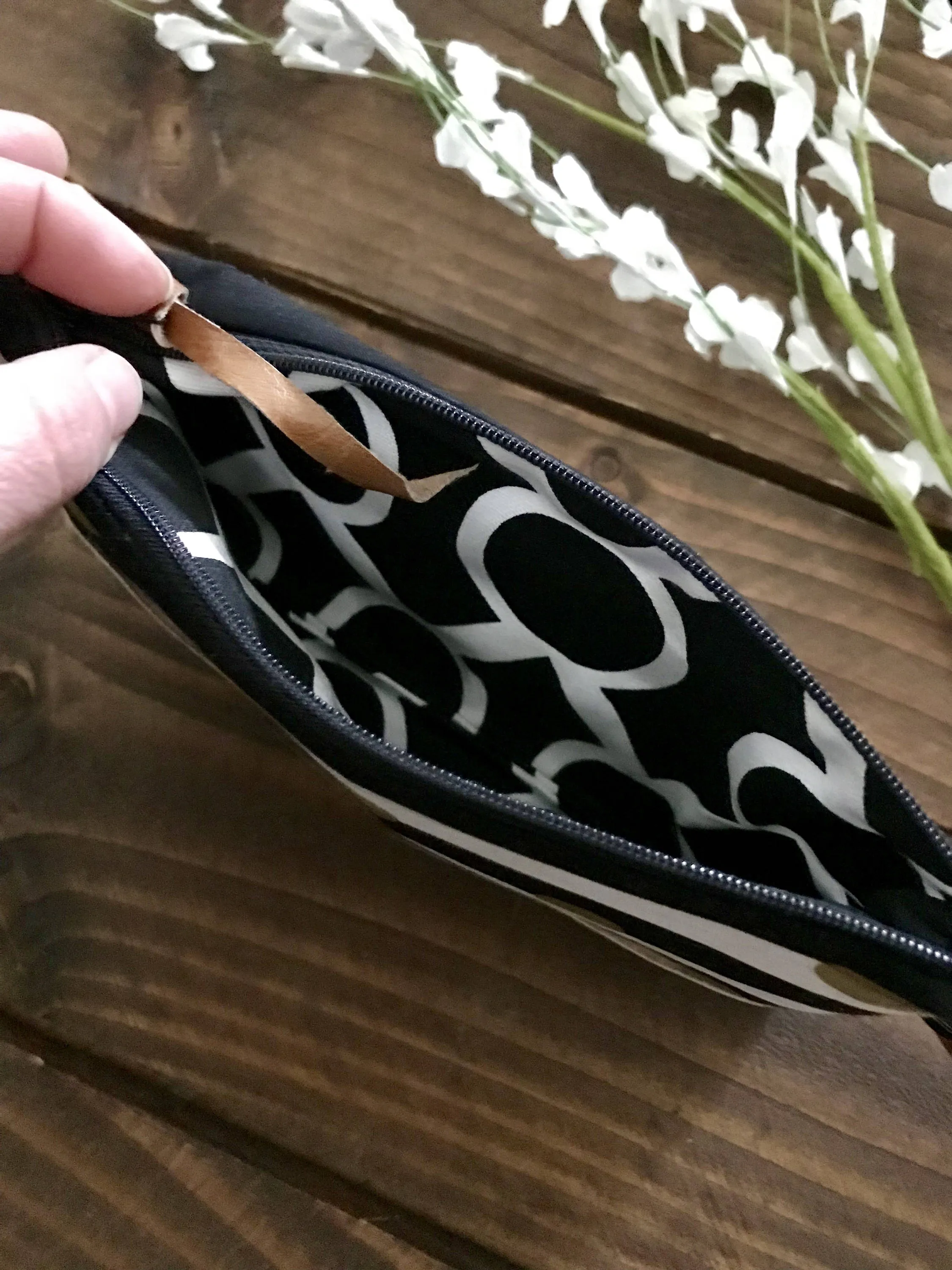 Gold Polka Dotted Stripe with Vegan Leather - Zippered Wristlet Clutch /  Bridesmaid Gift- Accessory Make Up Bag -