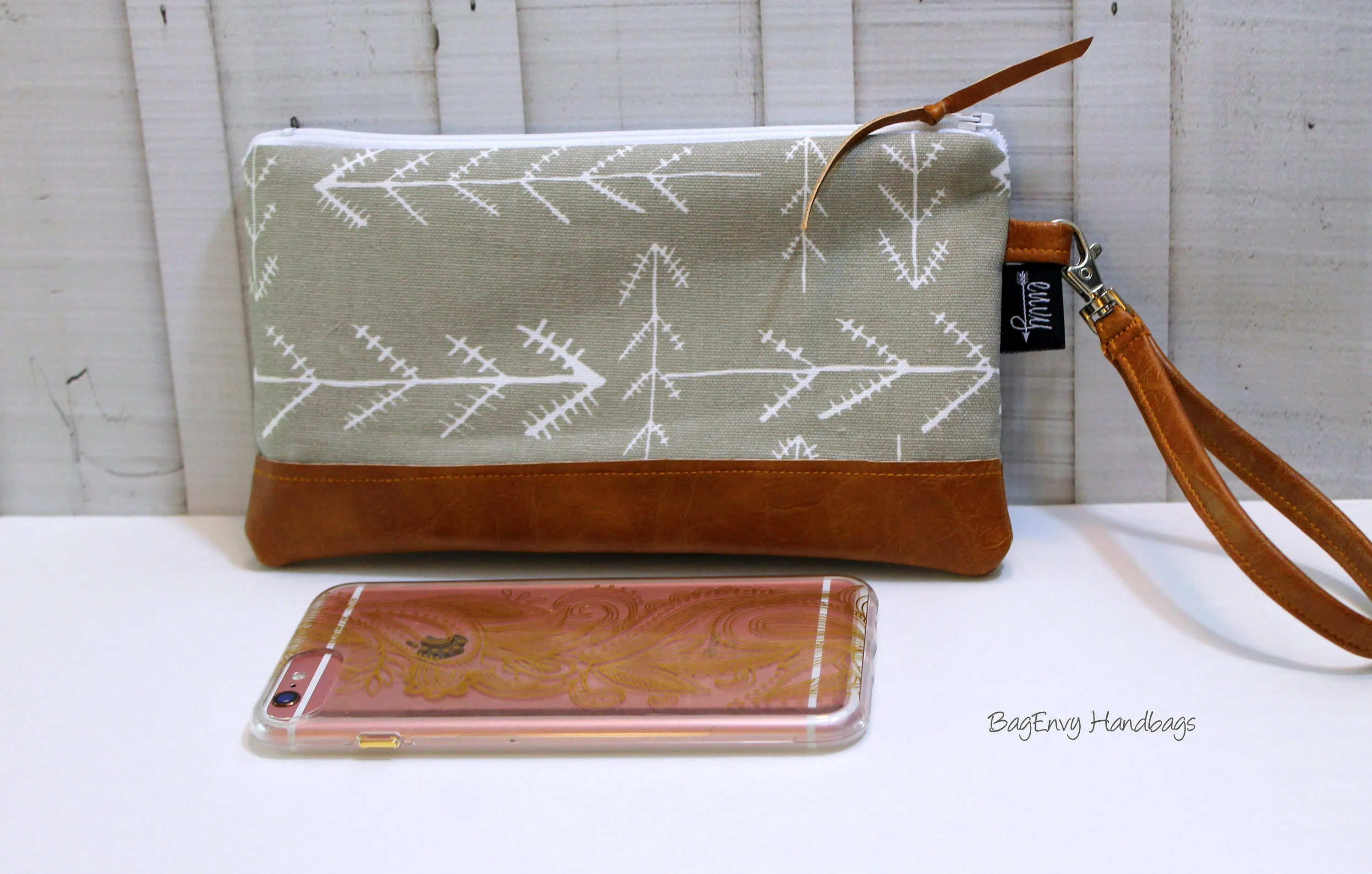 Gold Polka Dotted Stripe with Vegan Leather - Zippered Wristlet Clutch /  Bridesmaid Gift- Accessory Make Up Bag -