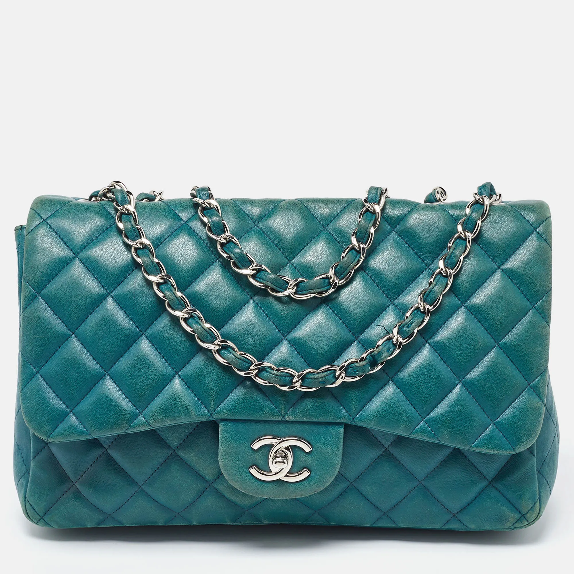 Green Quilted Leather Jumbo Classic Double Flap Bag