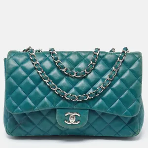 Green Quilted Leather Jumbo Classic Double Flap Bag