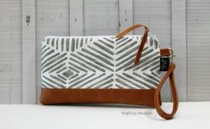 Grey Heni Aztec Tile with Vegan Leather - Zippered Wristlet Clutch /  Bridesmaid Gift- Accessory Make Up Bag -