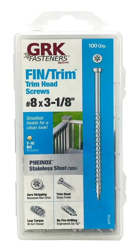 GRK Fasteners 37734 Screw, 3-1/8 in L, Trim Head, Stainless Steel, 100 PK :CD100: QUANTITY: 1