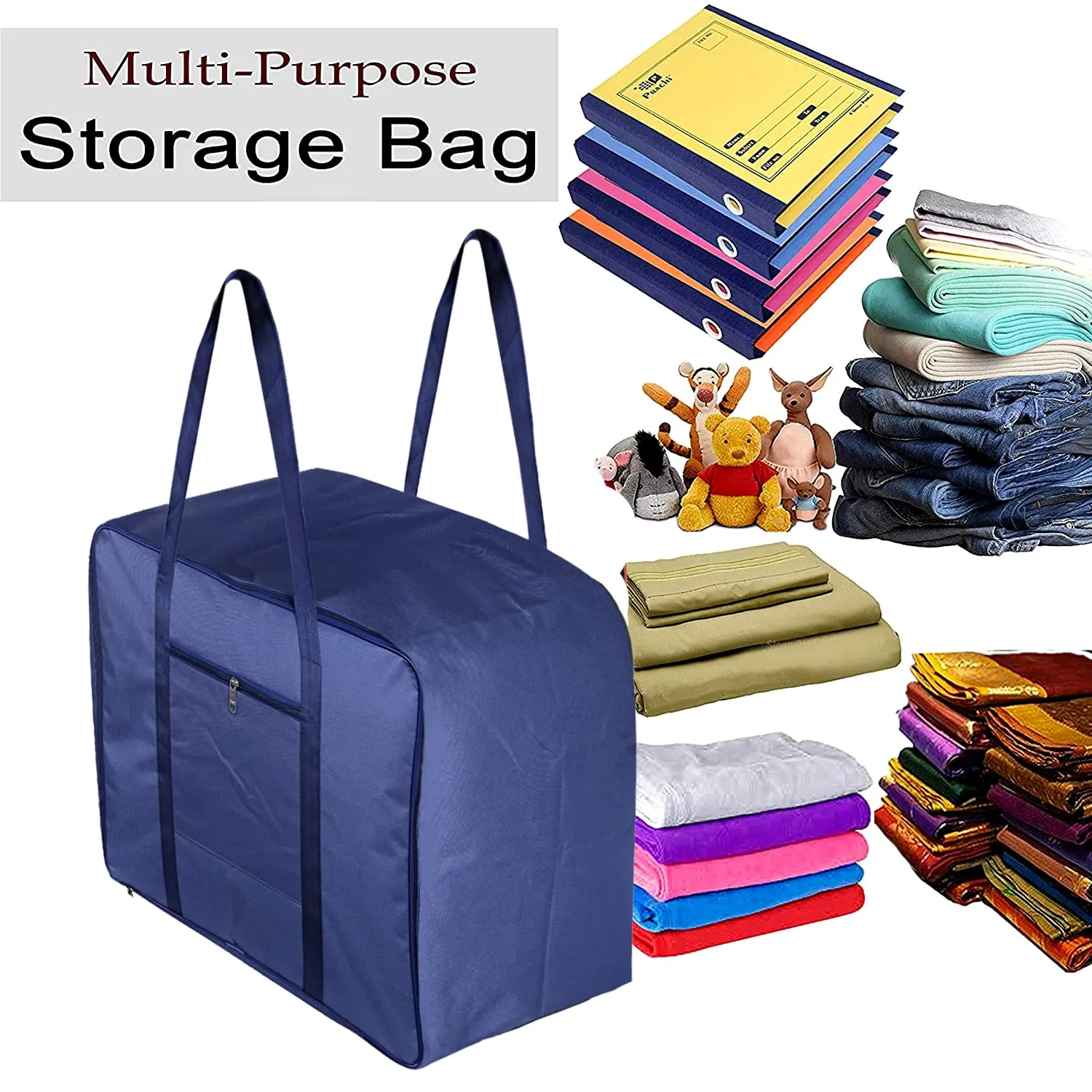 Heart Home Lightweight Foldable Multipurpose Storage bag, Cloth Organiser, Travel Bag With Zippered Closure And Handle (Royal Blue)-HS43HEARTH26648