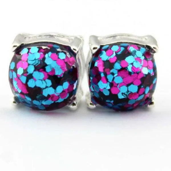 Hot Pink Glitter Silver Tone Earrings