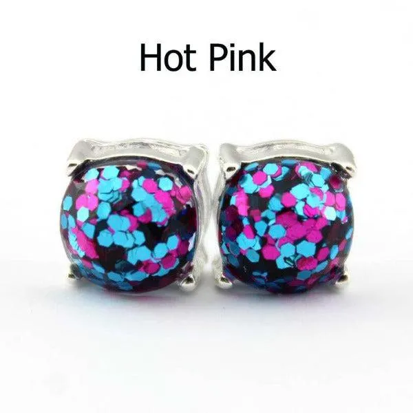 Hot Pink Glitter Silver Tone Earrings