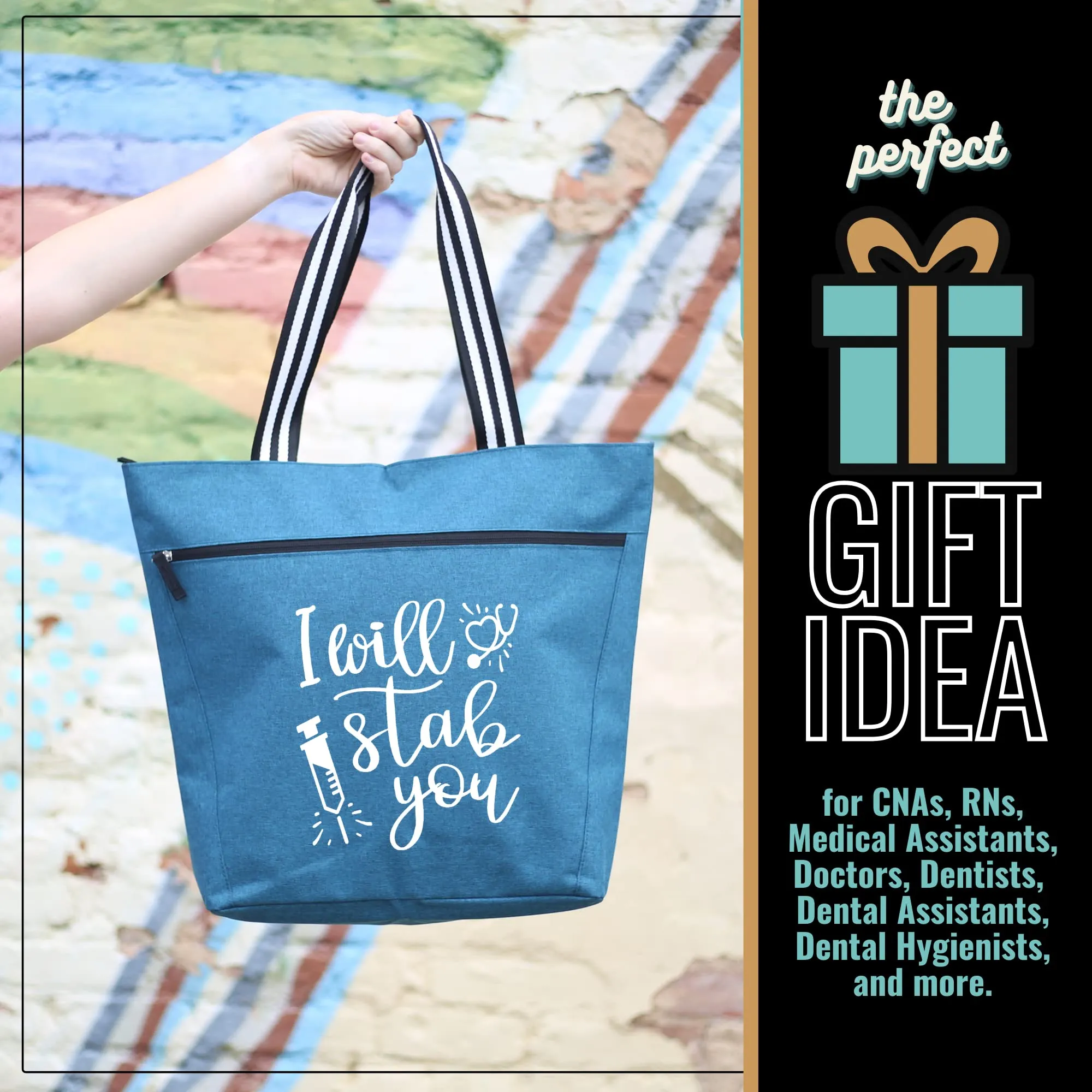I Will Stab You Teal Lexie Tote Bag for Medical Workers