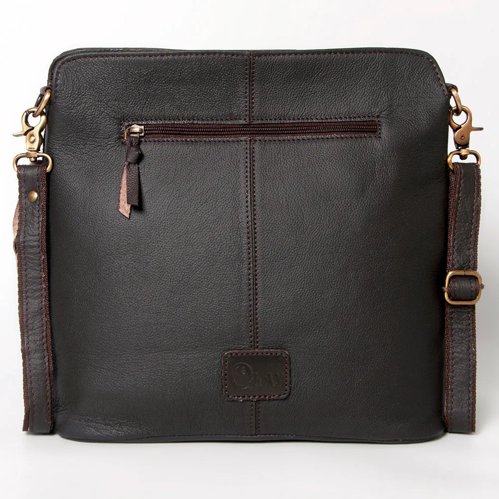 KBA121 - KBA121 -CROSS BODY Hand Tooled Saddle Leather and Upcycled Canvas Ladies Bag 13x14.5 KBA121