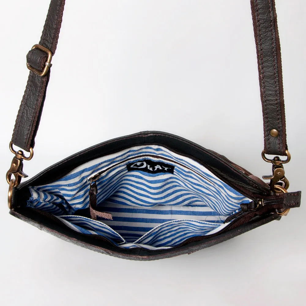 KBA121 - KBA121 -CROSS BODY Hand Tooled Saddle Leather and Upcycled Canvas Ladies Bag 13x14.5 KBA121